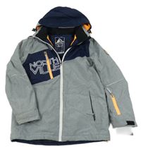 Šedo-tmavomodrá šusťáková zateplená bunda s kapucí C&A