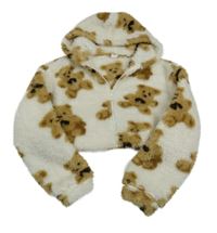 Smetanová chlupatá crop propínací mikina s medvědy a kapucí shein