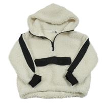 Bílá huňatá mikina s černými pruhy a kapucí Pep&Co