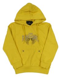 Žlutá mikina s výšivkou a kapucí 