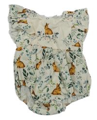 Smetanovo-zelený kraťasový overal s králíky a listy 