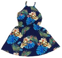 Tmavomodré květované lehké šaty s listy Shein