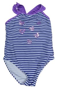 Bílo-tmavomodro-fialové pruhované jednodílné plavky se srdíčky Primark