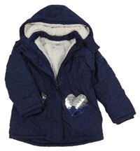 Tmavomodrá puntíkatá šusťáková zimní bunda se srdíčky a kapucí Topolino