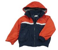 Červeno-bílo-tmavomodrá šusťáková lehce zateplená bunda s nápisem a kapucí H&M