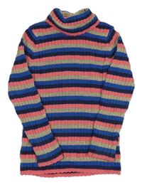 Modro-zlato-růžový žebrovaný pruhovaný svetrový třpytivý rolák Tu