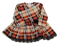 Růžovo-červeno-černé kostkované šaty s 3D květem 