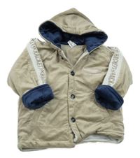 Béžovo-bílo-tmavomodrá sametová zateplená propínací mikina s potiskem a kapucí 