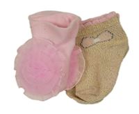 2set - 2x ponožky - zlaté třpytivé s mašlí + růžové s 3D květy 