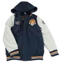 Tmavomodro-šedá šusťáková lehce zateplená bunda s tygrem a kapucí Dopodopo