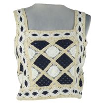 Nové - Dámský béžovo-tmavomodro-bílý krajkový crop top Primark 