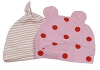 2x bavlněná čepice růžová puntíkatá, růžovo-bílá pruhovaná