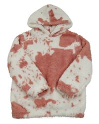 Růžovo-bílá batikovaná chlupatá mikina s kapucí 