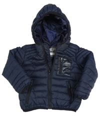 Tmavomodrá šusťáková prošívaná zateplená bunda s kapsou a kapucí River Island