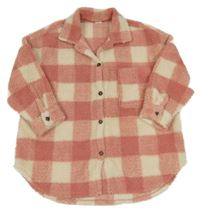 Růžovo-smetanová kostkovaná huňatá košilová bunda Next