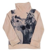 Světlerůžová chlupatá mikina s koňmi a komínovým límcem 