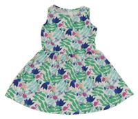 Bílo-zeleno-safírové květované bavlněné šaty s plameňáky C&A