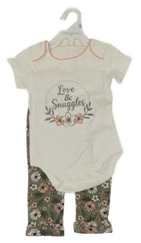 Nové - 2set - Bílé body s nápisem a khaki květované tepláky 