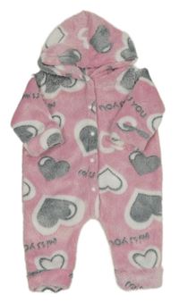 Růžovo-šedo-bílá plyšová kombinéza se srdíčky a kapucí 