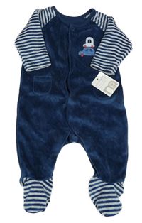 Nové - Tmavomodro-pruhovaný sametový overal s auty Mothercare