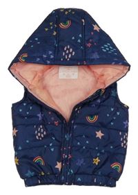 Tmavomodrá šustáková prošívaná zateplená vesta s obrázky a kapucí F&F