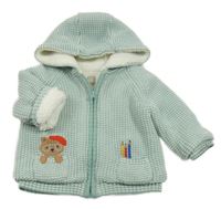 Světlezeleno-bílý vzorovaný propínací zateplený svetr s medvídkem a kapucí John Lewis