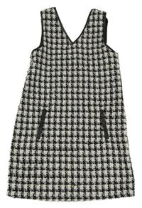Bílo-černo-zlaté kostkované vlněné šaty s falešnými kapsami Tu