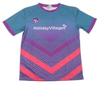 Šalvějovo-křiklavě korálovo-purpurový sportovní fotbalový dres s nápisy a palmami