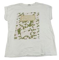 Bílé dlouhé tričko s army potiskem a nápisy RIVER ISLAND