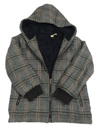 Černo-šedo-starorůžovo-smaragdová kostkovaná vzorovaná zateplená bunda s kapucí 