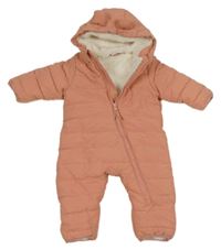 Broskvová prošívaná šusťáková zimní kombinéza s kapucí s oušky Topomini