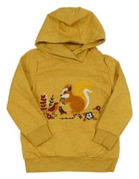Okrová melírovaná mikina s veverkou s ptáčky a kapucí Topolino