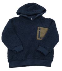 Tmavomodrá huňatá mikina s kapsou a nápisy a kapucí Topolino