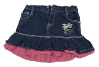 Tmavomodro-růžová riflovo/plátěná sukně s tukanem a palmou KIDS