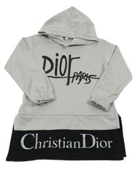 Světlešedo-černá dlouhá mikina s logy a kapucí Christian Dior