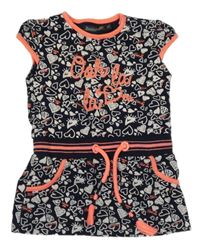 Tmavomodro-neonově korálové teplákové šaty se srdíčky a nápisy Bakkaboe