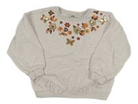 Světlebéžová melírovaná oversize mikina s kytičkami a motýlky a flitry a volánky C&A