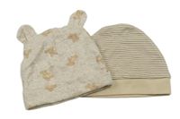 2x - Čepice - Béžová melírovaná s medvídky a oušky H&M, béžovo/bílá pruhovaná