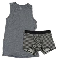 2Set - Tmavomodrý melírovaný nátělník + černo/šedé pruhované trenýrky H&M