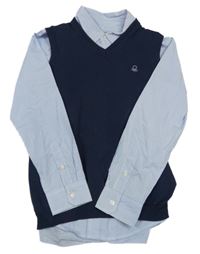 2Set - Tmavomodrá pletená vesta + modro/bílá pruhovaná košile Benetton