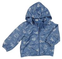 Modrá šusťáková jarní bunda s vrtulníky a obláčky a odepínací kapucí H&M