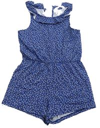 Modrý květovaný bavlněný kraťasový overal s volánem zn. H&M