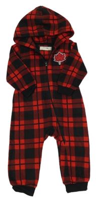 Červeno-černá kostkovaná fleecová kombinéza s javorovým listem a kapucí