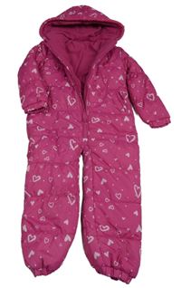 Fuchsiová šusťáková zimní kombinéza se srdíčky a kapucí Dunnes