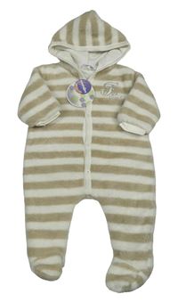 Nové - Béžovo-bílá pruhovaná chlupatá podšitá kombinéza s nápisem a kapucí