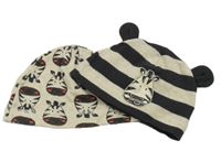 2x bavlněná čepice - béžová melírovaná se zebrami + antracitovo-béžová pruhovaná se zebrou