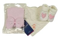 3set - Růžovo-bílá pruhovaná čepice s mašlí + smetanový slinták s ovcemi + ponožky s Mickeym