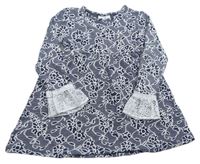 Modro-bílé květované teplákové šaty s krajkou Topolino