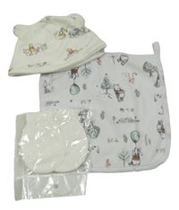 3 set - bílá čepice s Púem + plyšová žínka s Púem + bavlněné rukavice 