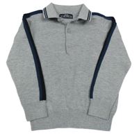 Šedý lehký svetr s tmavomodrými pruhy a límečkem Matalan